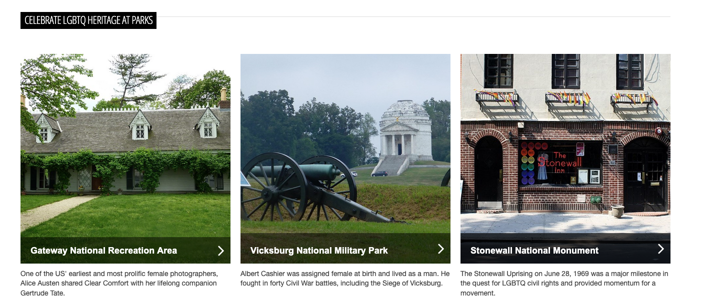 A screenshot of the original LGBTQ Heritage page hightlighting three parks with LGBTQ heritage, incluiding Gateway National Recreation Area, Vicksburg National Military Park, and Stonewall National Monument.