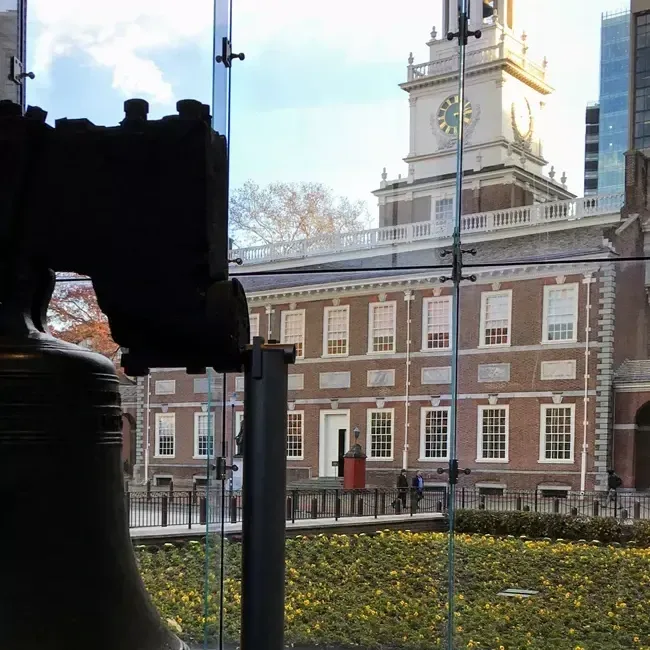 Independence Hall seen from inside the Liberty Bell pavilion, Philadelphia, 2017. Photo by Megan E. Springate, National Park Service