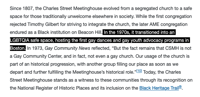 A screenshot of the original text for the Charles Street Meetinghouse page with the text "In the 1970s, it transitioned into an LGBTQIA safe space, including hosting the first gay dances and gay youth advocay programs in Boston" highlighted.